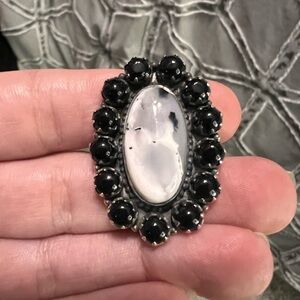 Sterling silver dendritic opal and black onyx cluster ring